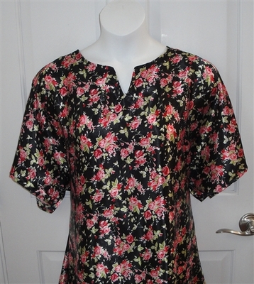 Pink Floral on Black Silky Post Surgery Gown