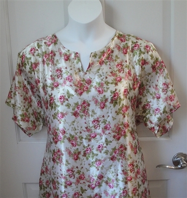 Pink Floral on White Silky Post Surgery Gown