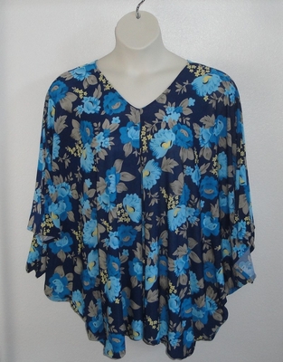 Blue Floral Poly Jersey Side Opening Shirt - Kiley