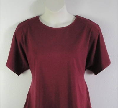 Burgundy cotton adaptive shirt for shoulder surgery, breast cancer, or mastectomy